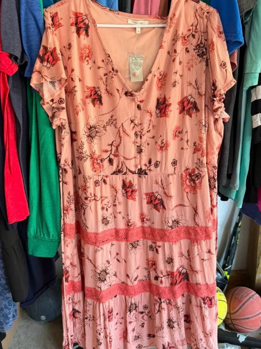 Women's Pink Floral V-Neck Dress with Lace Trim